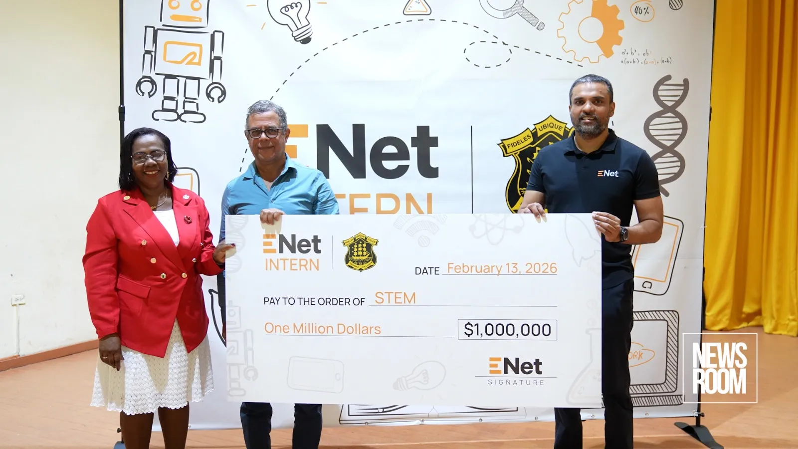 In photo, from left: Donna Isles, Principal of Queen’s College; Marcel Gaskin, Chairman of the Queen’s College Board, and Vishok Persaud, Chief Executive Officer of ENet